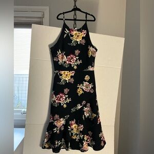 Aqua Navy Blue Floral Halter Midi Dress with Pink & Yellow Blooms